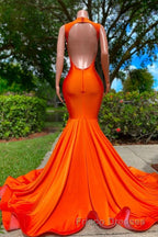 Long Mermaid Deep Sequined V-neck Stretch Satin Backless Formal Prom Dress with Appliques