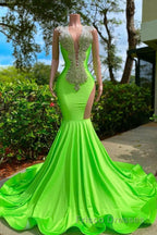 Long Mermaid Deep Sequined V-neck Stretch Satin Backless Formal Prom Dress with Appliques