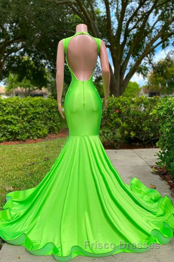 Long Mermaid Deep Sequined V-neck Stretch Satin Backless Formal Prom Dress with Appliques
