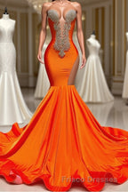 Long Mermaid Deep Sequined V-neck Stretch Satin Backless Formal Prom Dress with Appliques