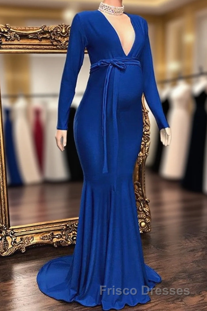 Long Mermaid Deep V-neck Pregnant Formal Prom Evening Dress with Sleeves Main image