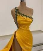 Long Mermaid One Shoulder Beading Backless Formal Prom Dress with Slit