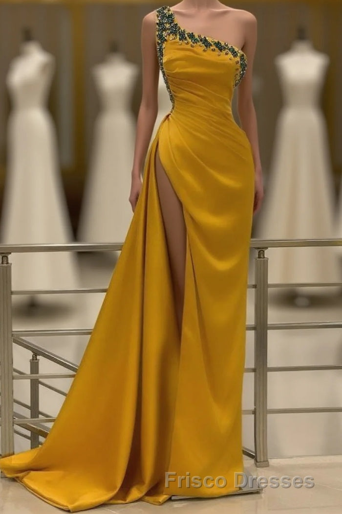 Long Mermaid One Shoulder Beading Backless Formal Prom Dress with Slit Main image