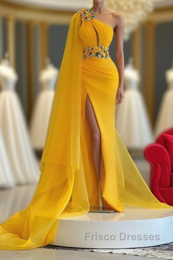 Long Mermaid One Shoulder Beading Tulle Formal Prom Dress with Slit Main image