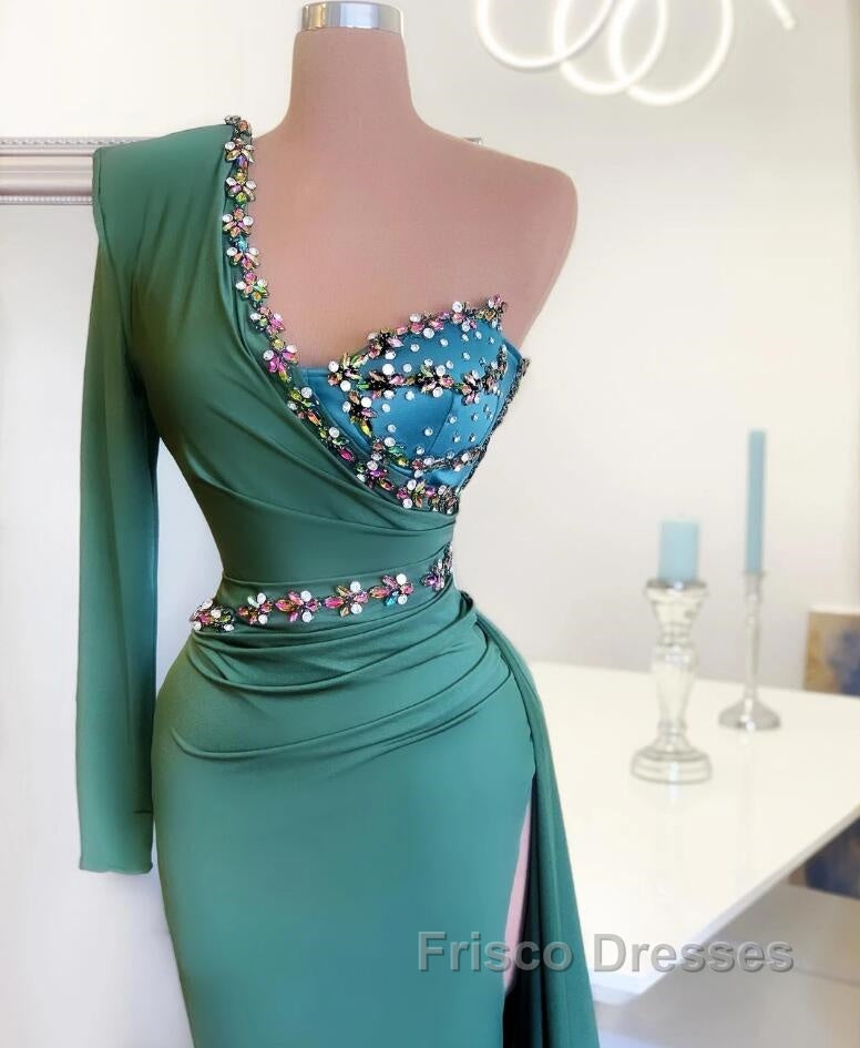 Long Mermaid One Shoulder Front Slit Formal Prom Dress With Sleeves Secondary image