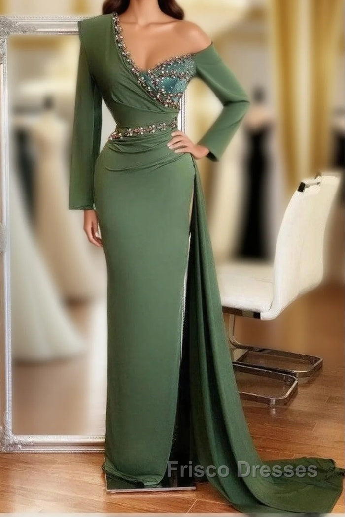 Long Mermaid One Shoulder Front Slit Formal Prom Dress With Sleeves Main image