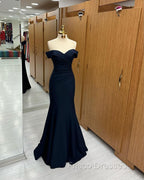 Long Mermaid Formal Prom Dress Navy Blue Off-the-shoulder Sweetheart Sleeveless