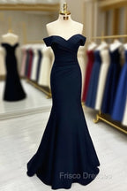 Long Mermaid Formal Prom Dress Navy Blue Off-the-shoulder Sweetheart Sleeveless