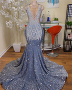 Long Mermaid Prom Dresses Sparkly Diamond Sheer Scoop Neckline Silver Sequined Black Girl Prom Formal Gowns