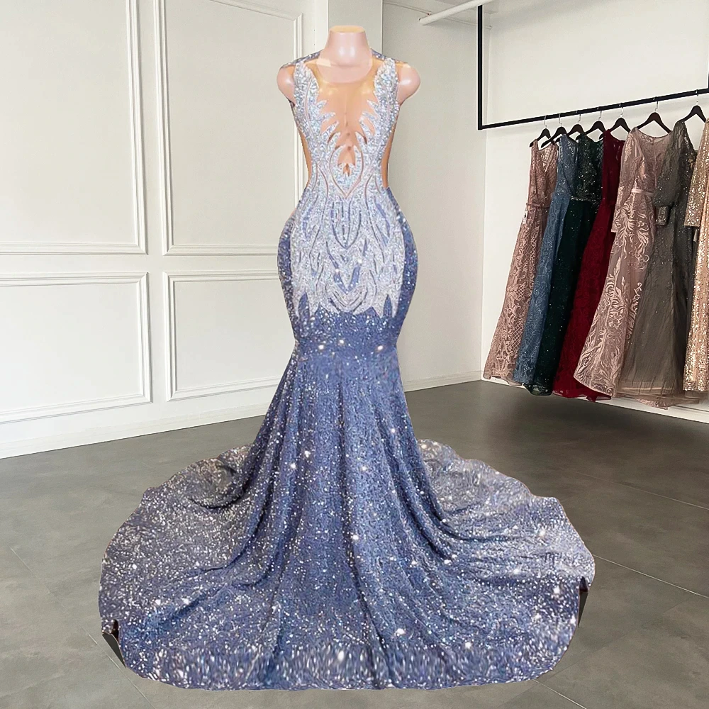 Long Mermaid Prom Dresses Sparkly Diamond Sheer Scoop Neckline Silver Sequined Black Girl Prom Formal Gowns