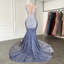 Long Mermaid Prom Dresses Sparkly Diamond Sheer Scoop Neckline Silver Sequined Black Girl Prom Formal Gowns