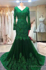 Long Mermaid Sequin Beaded Green Prom Dresses With Sleeves Lace Evening Dress