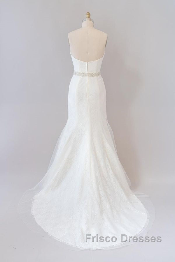 Long Mermaid Strapless Tulle Lace Wedding Dress