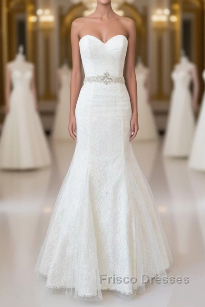 Long Mermaid Strapless Tulle Lace Wedding Dress