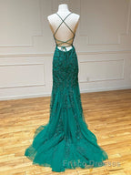 Long Mermaid Strapless Tulle Open Back Lace Formal Prom Dress