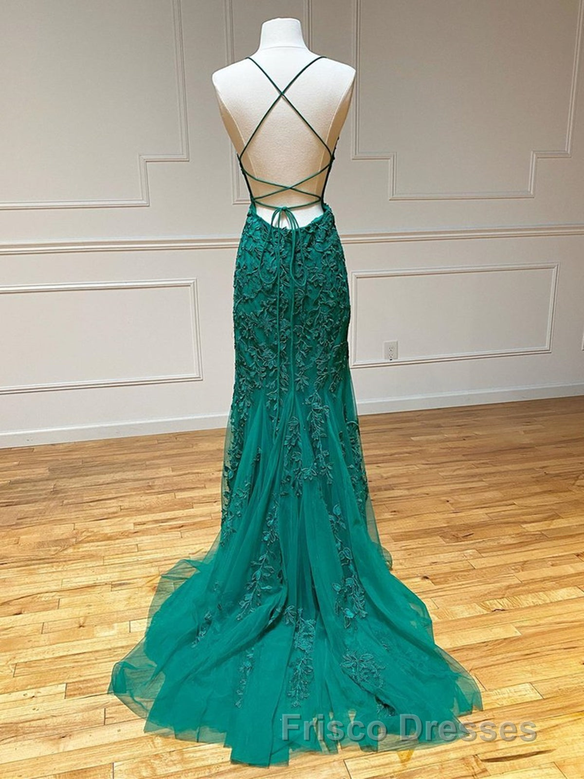 Long Mermaid Strapless Tulle Open Back Lace Formal Prom Dress