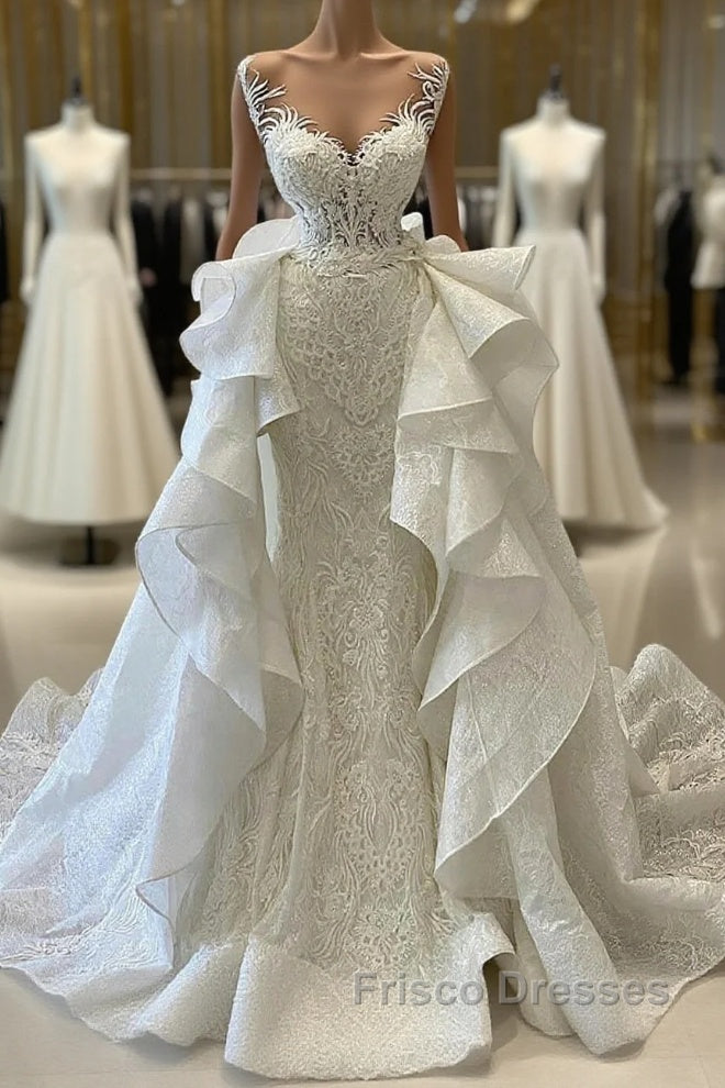 Long Mermaid Sweetheart Appliques Lace Wedding Dress With Detachable Train