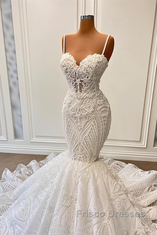 Long Mermaid Sweetheart Spaghetti Straps Tulle Beading Wedding Dress with Ruffles Secondary image