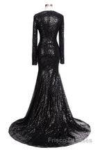 Long Mermaid V-Neck Black Sequins Formal Prom Dress with Sleeves