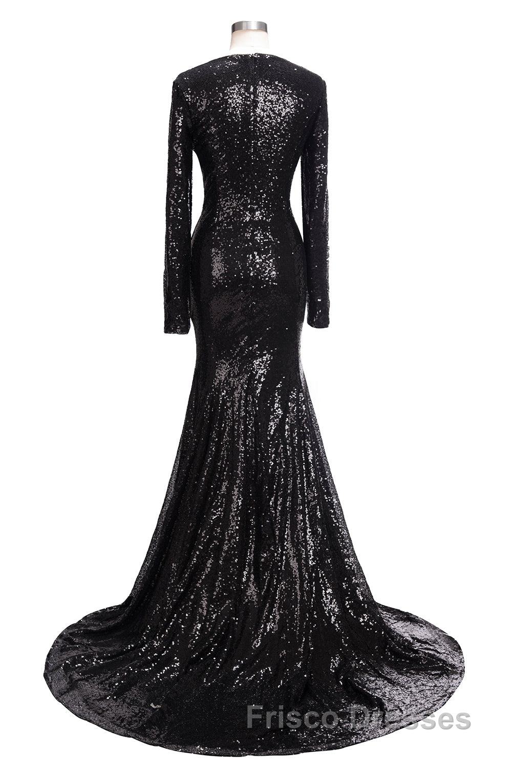 Long Mermaid V-Neck Black Sequins Formal Prom Dress with Sleeves
