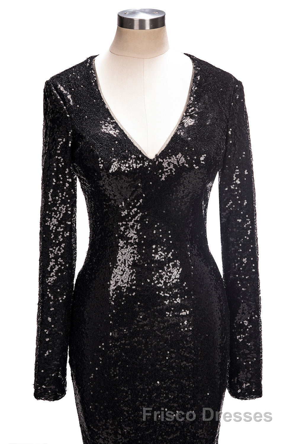 Long Mermaid V-Neck Black Sequins Formal Prom Dress with Sleeves
