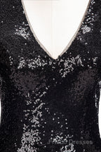 Long Mermaid V-Neck Black Sequins Formal Prom Dress with Sleeves