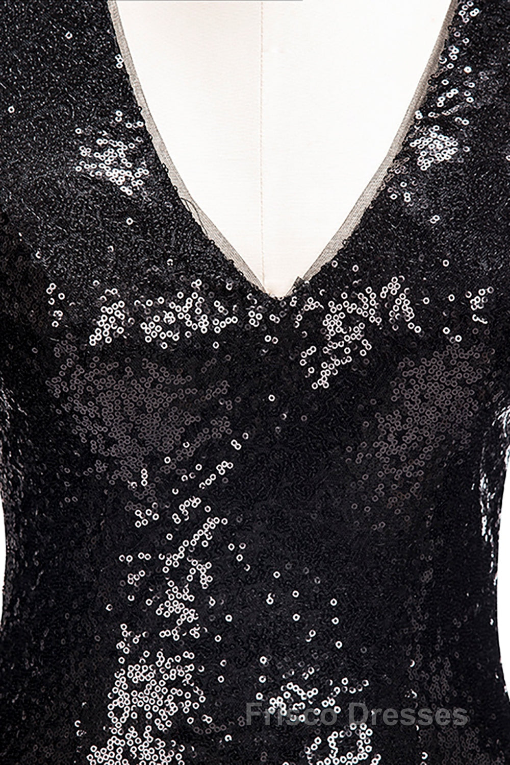 Long Mermaid V-Neck Black Sequins Formal Prom Dress with Sleeves
