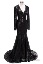 Long Mermaid V-Neck Black Sequins Formal Prom Dress with Sleeves