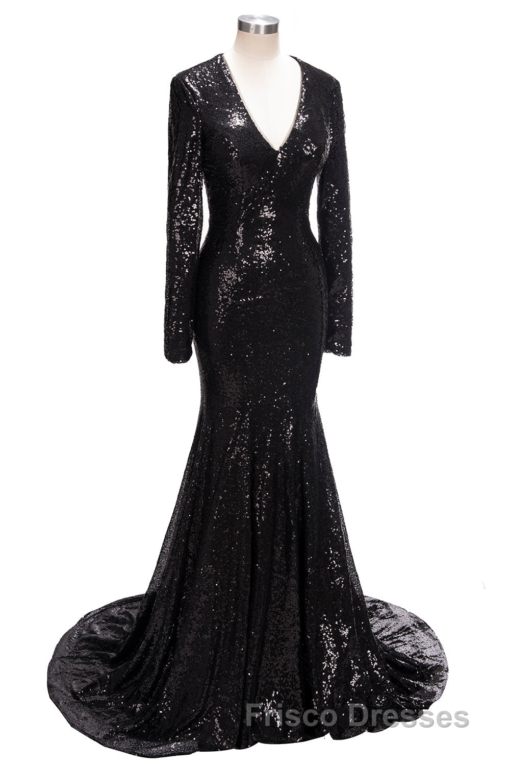 Long Mermaid V-Neck Black Sequins Formal Prom Dress with Sleeves