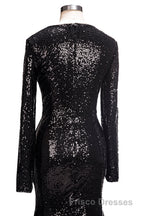 Long Mermaid V-Neck Black Sequins Formal Prom Dress with Sleeves