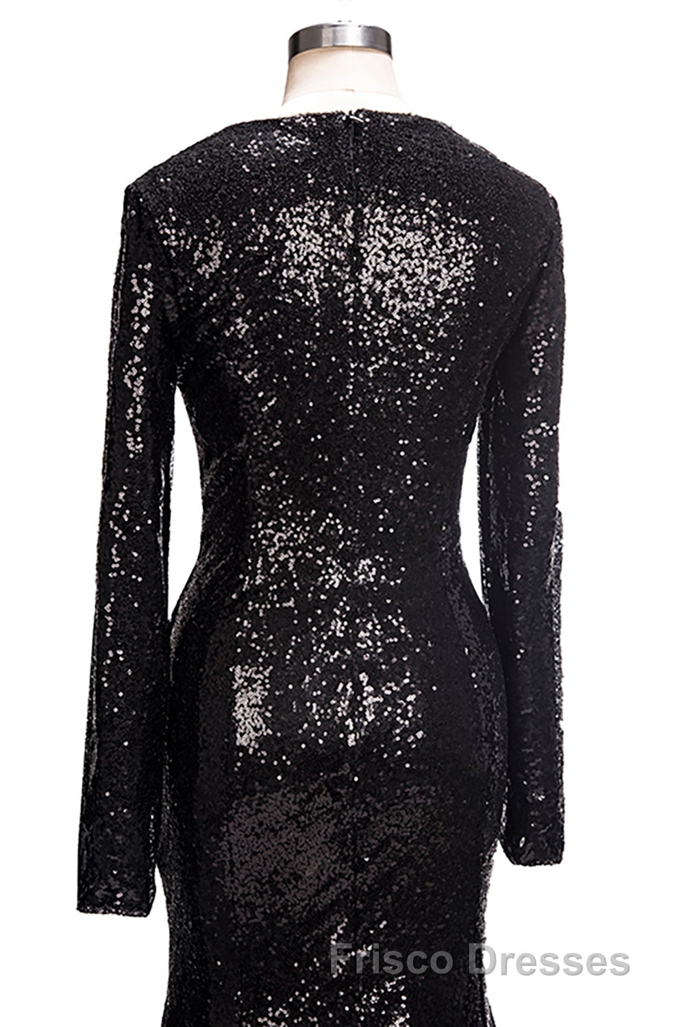 Long Mermaid V-Neck Black Sequins Formal Prom Dress with Sleeves