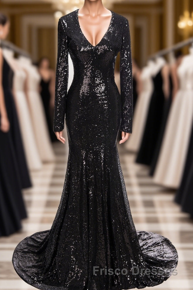 Long Mermaid V-Neck Black Sequins Formal Prom Dress with Sleeves