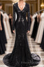 Long Mermaid V-Neck Black Sequins Formal Prom Dress with Sleeves