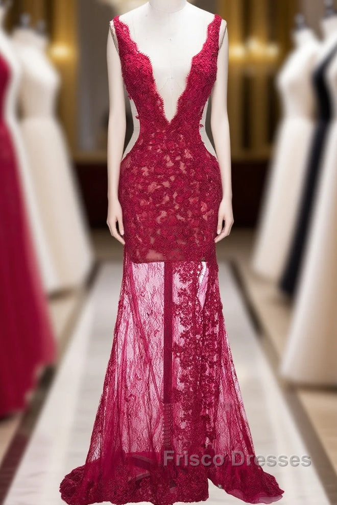 Long Mermaid V-neck Lace Appliques Formal Prom Dress with Slit Main image