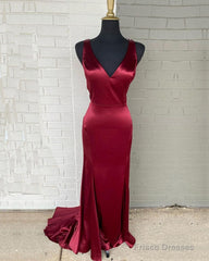 Long Mermaid V Neck Satin Bridesmaid Dresses