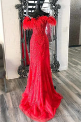 Long Off Shoulder Red Lace Prom Dresses Feathers V Neck Mermaid Evening Dress