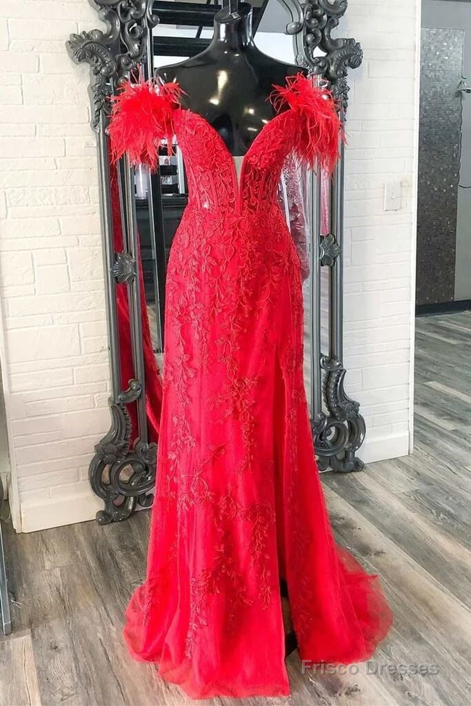 Long Off Shoulder Red Lace Prom Dresses Feathers V Neck Mermaid Evening Dress Main image