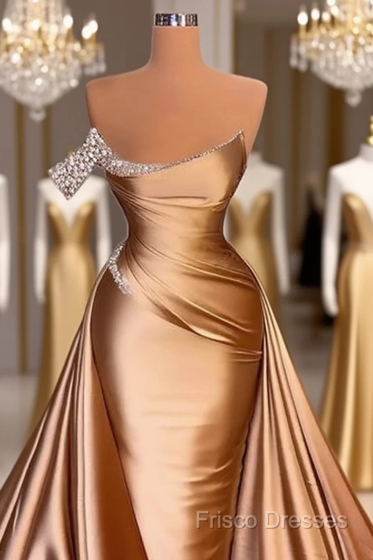 Long One Shoulder Formal Prom Dress Beaded Mermaid Pageants Gowns With Court Train Main image