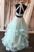 Long Open Back Mint Two Piece High Neck Organza Formal Prom Dress