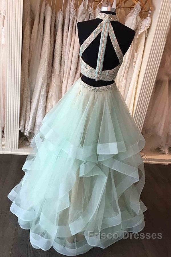Long Open Back Mint Two Piece High Neck Organza Formal Prom Dress