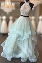 Long Open Back Mint Two Piece High Neck Organza Formal Prom Dress