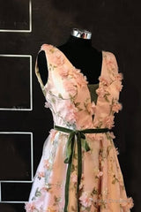 Long Pink 3D Flowers V-Neck Dress