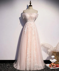 Long Pink Off Shoulder A-line Prom Dress with Lace, Sweetheart Evening Dress