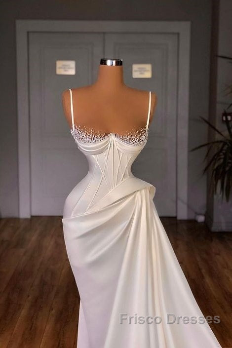 Long Pleated Satin Evening Dress White Mermaid Formal Prom Dress Secondary image