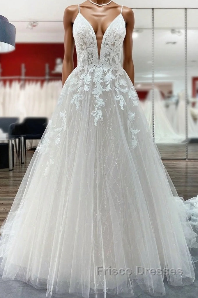 Long Princess Tulle V Neck Sequins Lace Appliques Wedding Dress Main image