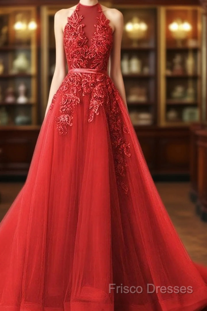 Long Formal Prom Dress Halter Brush Train Simple Lace Formal Prom Dress