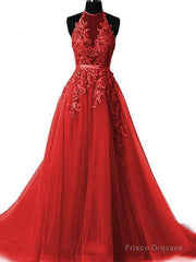 Long Prom Dress Halter Brush Train Simple Lace Prom Dress