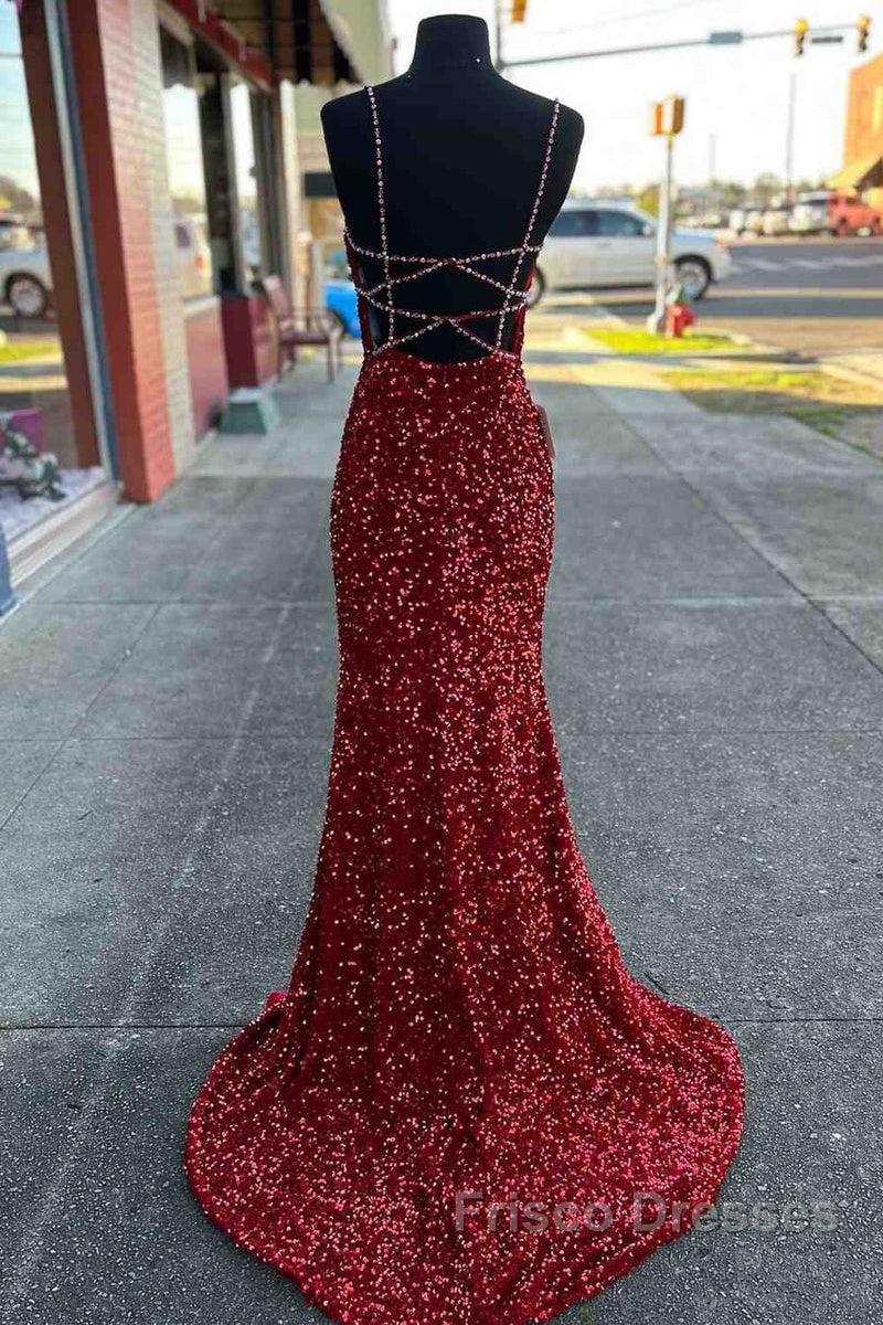 Long Formal Prom Dress Red Sequins Beaded Mermaid Evening Dress Straps Secondary image