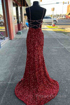 Long Formal Prom Dress Red Sequins Beaded Mermaid Evening Dress Straps