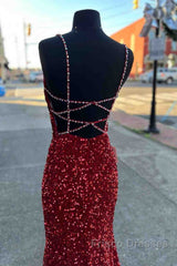 Long Formal Prom Dress Red Sequins Beaded Mermaid Evening Dress Straps